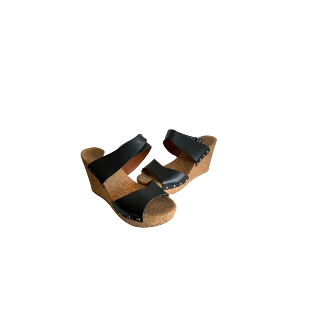 Lucky Brand Wedges Black Leather and Cork Size 10